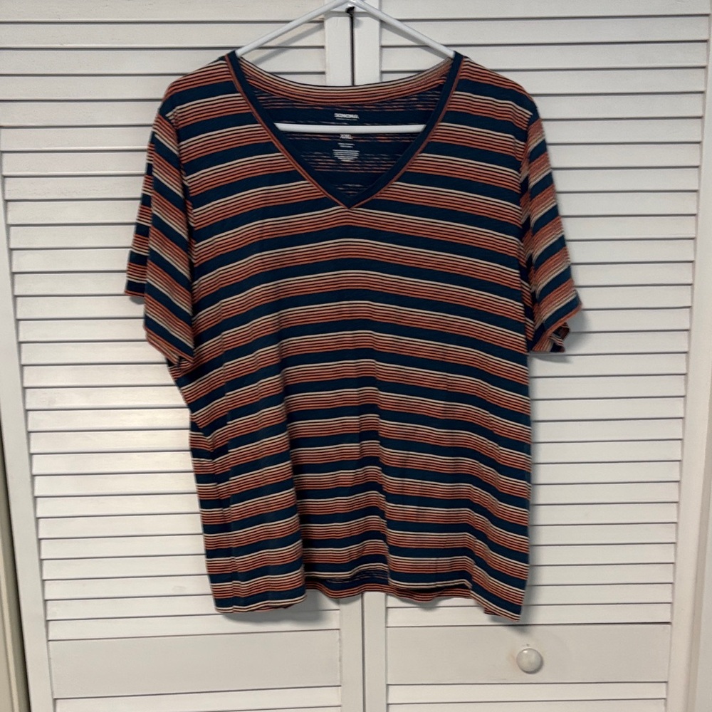 Sonoma Navy and Orange Striped V-Neck Tee XXL
